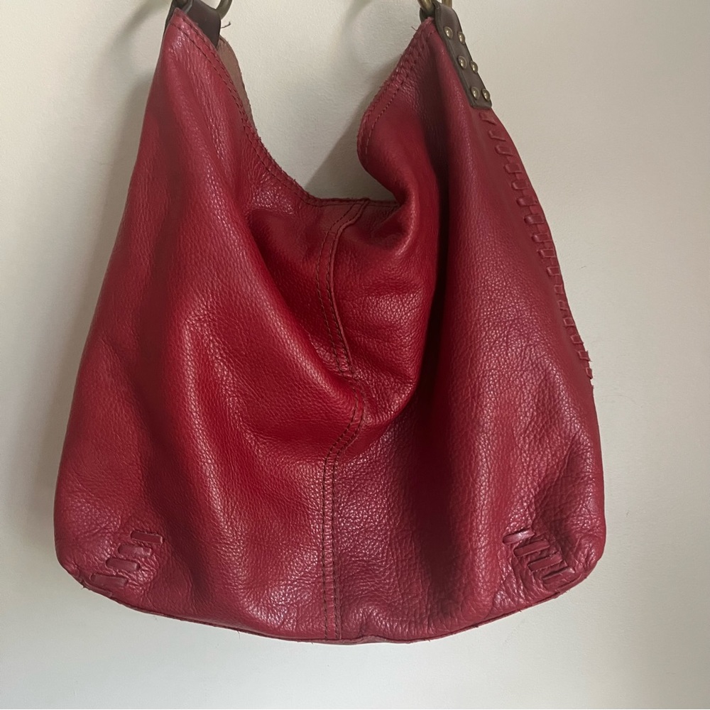 Lucky Brand Vintage Inspired Penny Whipstitch Red Leather Hobo Shoulder Bag - Picture 7 of 10